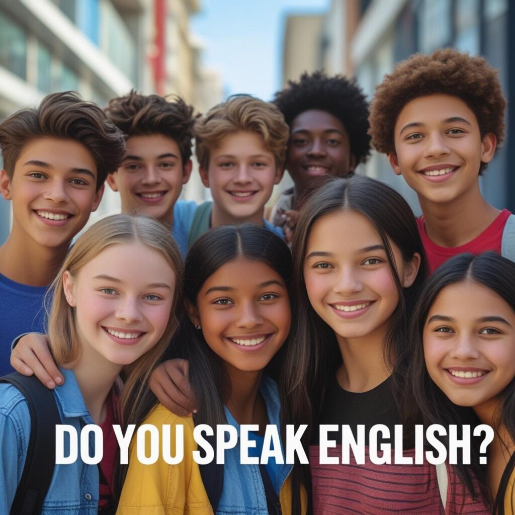 crie uma imagem com a frase _do you speak english__ com adolescentes